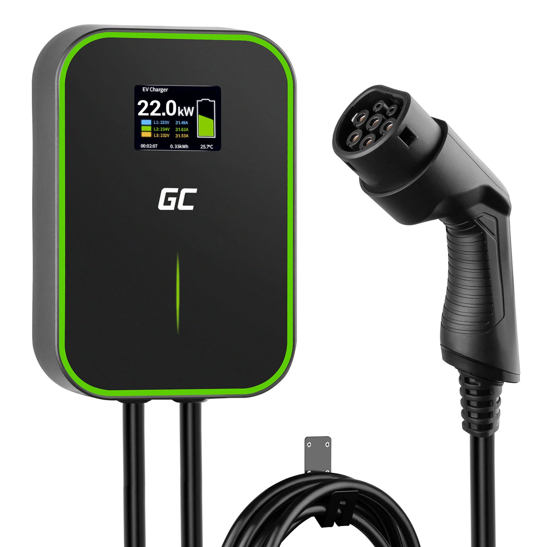 Green Cell GC PowerBox Wallbox 22kW Typ 2 Ladegerät für EV Ladekabel 6m LCD Display Kompatibel mit Model Y, Model 3, Model S, Model X, ID.3, ID.4, ID.5, i3, i4, iX1, 500e, EV6, E-Tron, Mach-E, EQA von Green Cell