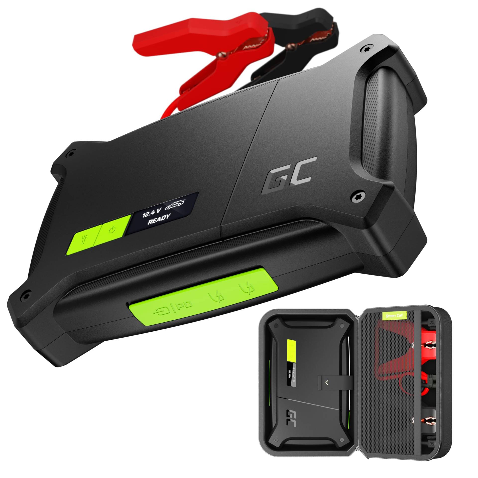 Green Cell® Starthilfe Powerbank GC PowerBoost | 16000mAh 2000A | für 8L Benzin 6L Dieselmotoren | Tragbare Autobatterie Booster | Jump Starter | Starterbatterie 12V | Starthilfekabel | Ladegerät von Green Cell