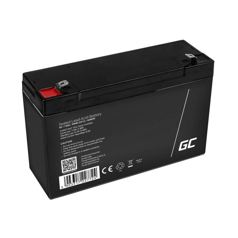 Green Cell AGM 6V 14Ah Akku VRLA Blei-Batterie Bleiakku Ersatzakku Gelakku Akkubatterie Zyklenfest Unbemannt Spielzeug | Elektro Spielzeug| Alarm | Notstrom | Kinderfahrzeuge| Kinder-Quad, Schwarz von Green Cell