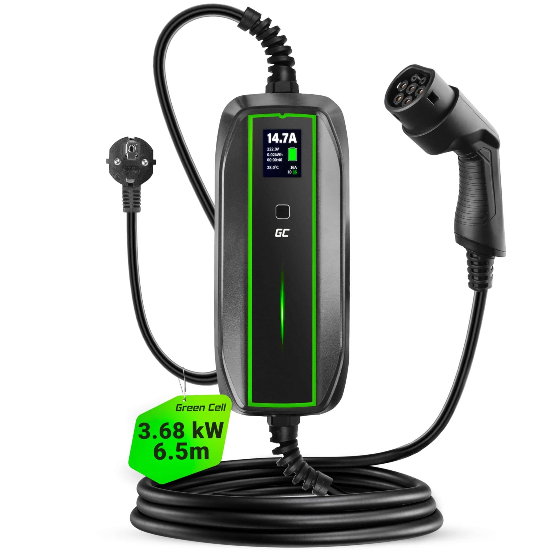 Green Cell EV Ladegerät Typ 2 Ladekabel Schuko für Elektroautos 10A / 16A 3,68kW 6,5m 1-Phasig LCD Display Tragbares EV Charger Kompatibel mit Allen Elektrofahrzeugen EV PHEV IEC 62196-2 Stecker von Green Cell