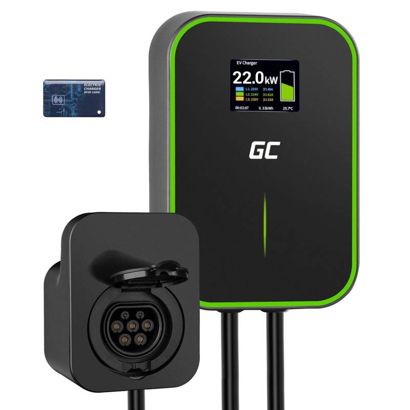 Green Cell GC PowerBox Wallbox 22kW RFID Ladegerät für EV mit Typ 2 Steckdose LCD Display Kompatibel mit Model Y, Model 3, Model S, Model X, ID.3, ID.4, ID.5, i3, i4, 500e, EV6, E-Tron, Mach-E, EQA von Green Cell