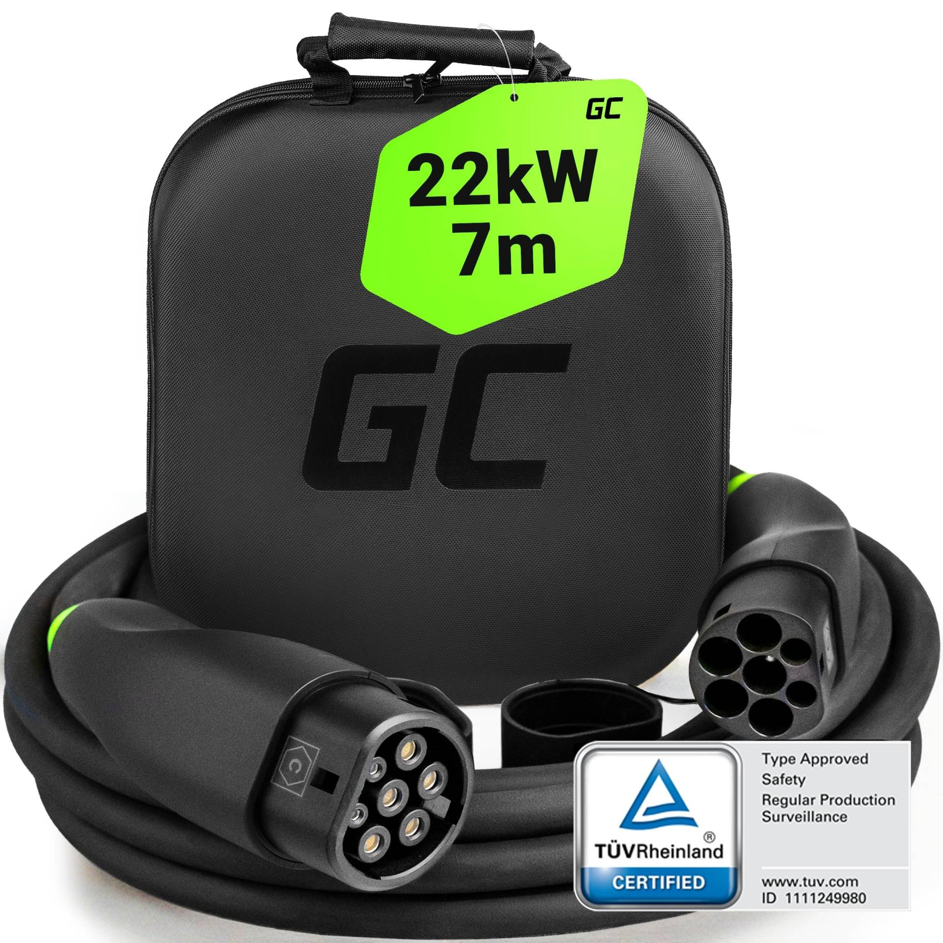 Green Cell GC Snap Typ 2 Ladekabel 22kW 7m 32A für EV Elektroautos Typ 2 auf Typ 2 3-Phasig TÜV Kompatibel mit Model Y 3 S X, ID.3, ID.4, Q4 e-tron, i4, iX1, 500e, Enyaq, EV6, EQA inkl Premium Koffer von Green Cell