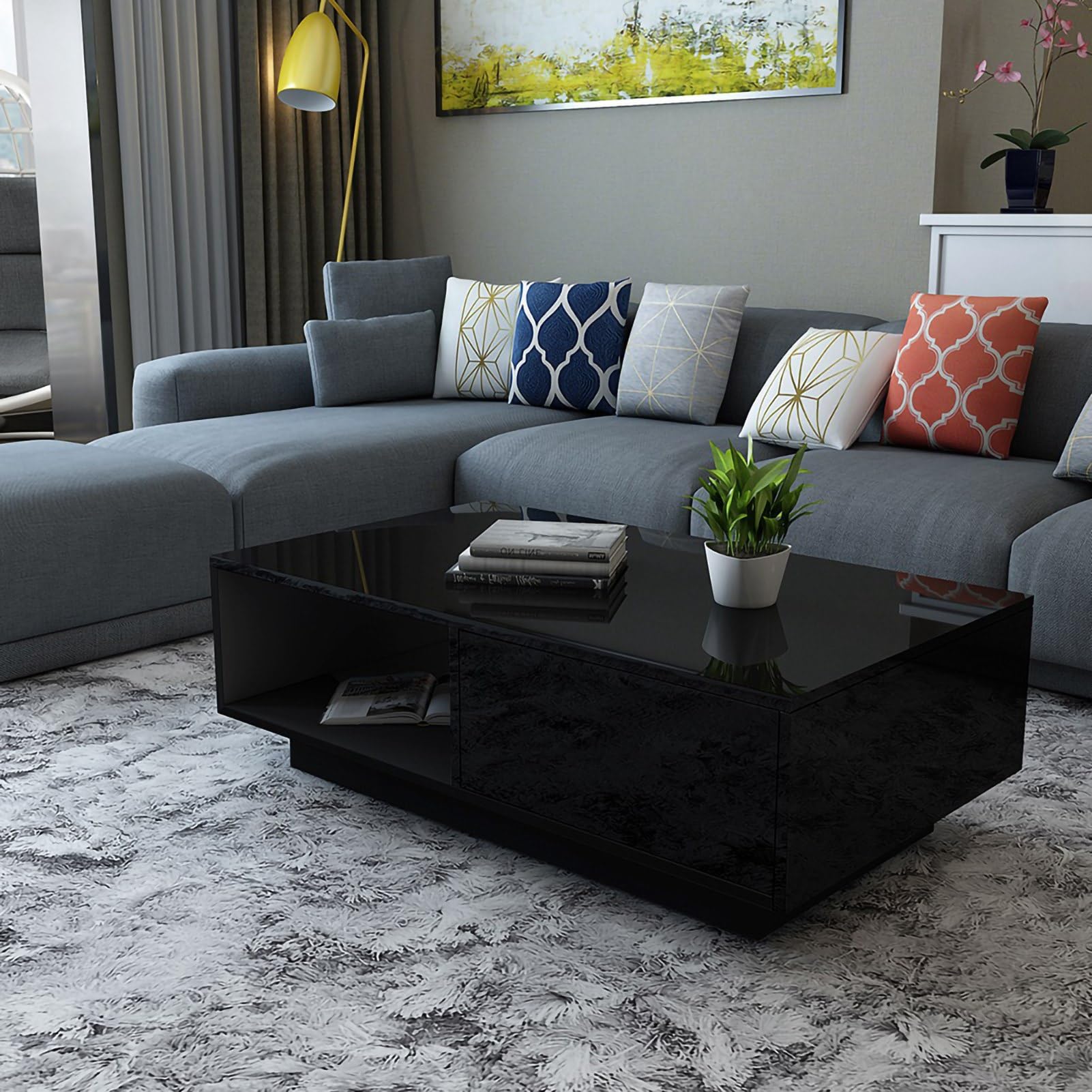 Greensen Moderner Couchtisch, Minimalistisches Design, Exquisite Handwerkskunst, Einfache Montage Modische Hölzerne Couchtisch mit Lagerlicht für Wohnzimmer, Heimdekoration (Black) von Greensen