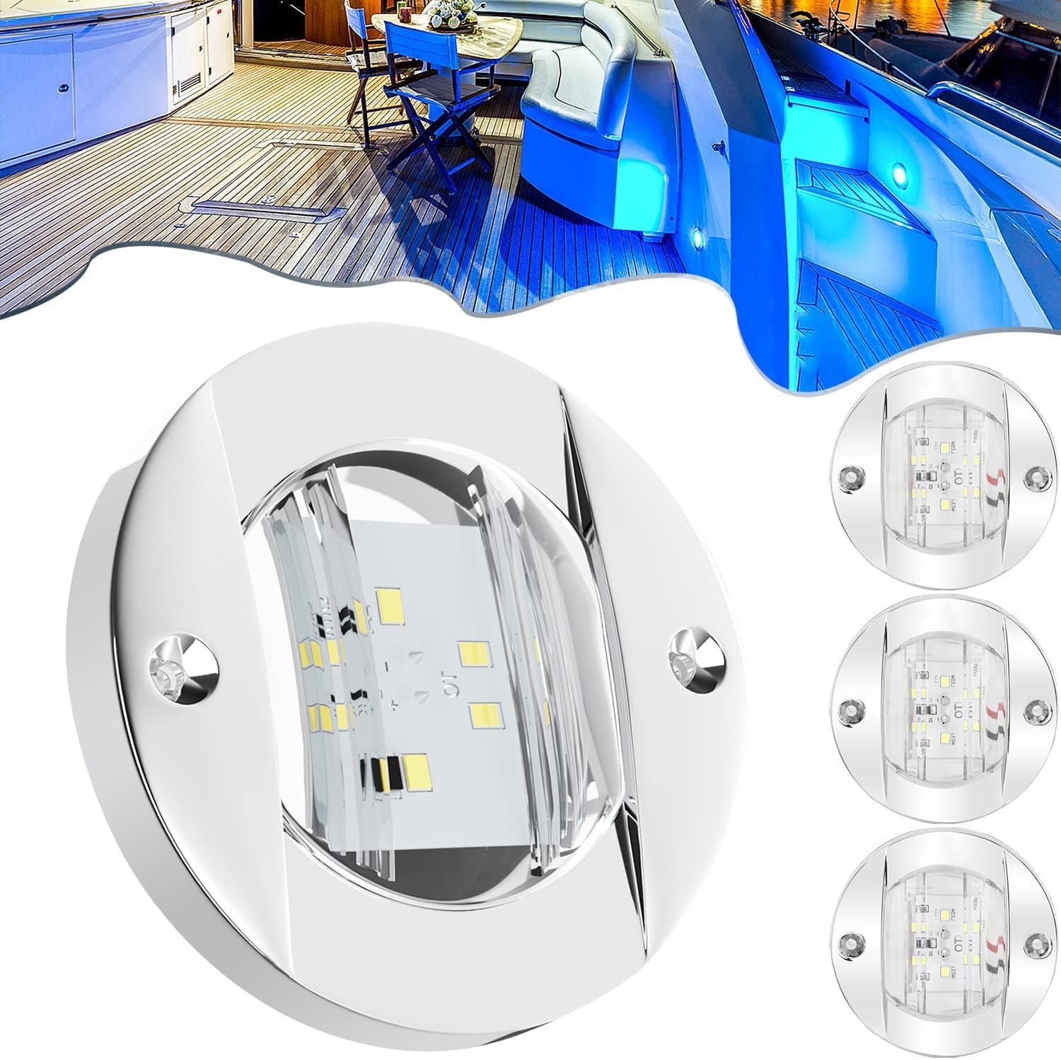 Greluma 4Stk Runde Innenbeleuchtung für Marineboote, Heckmontage, LED-Heck-Ankerlichter, LED-Nachtlichter zum Angeln, LED-Innenbeleuchtung des blauen Decks, IP67 wasserdicht von Greluma