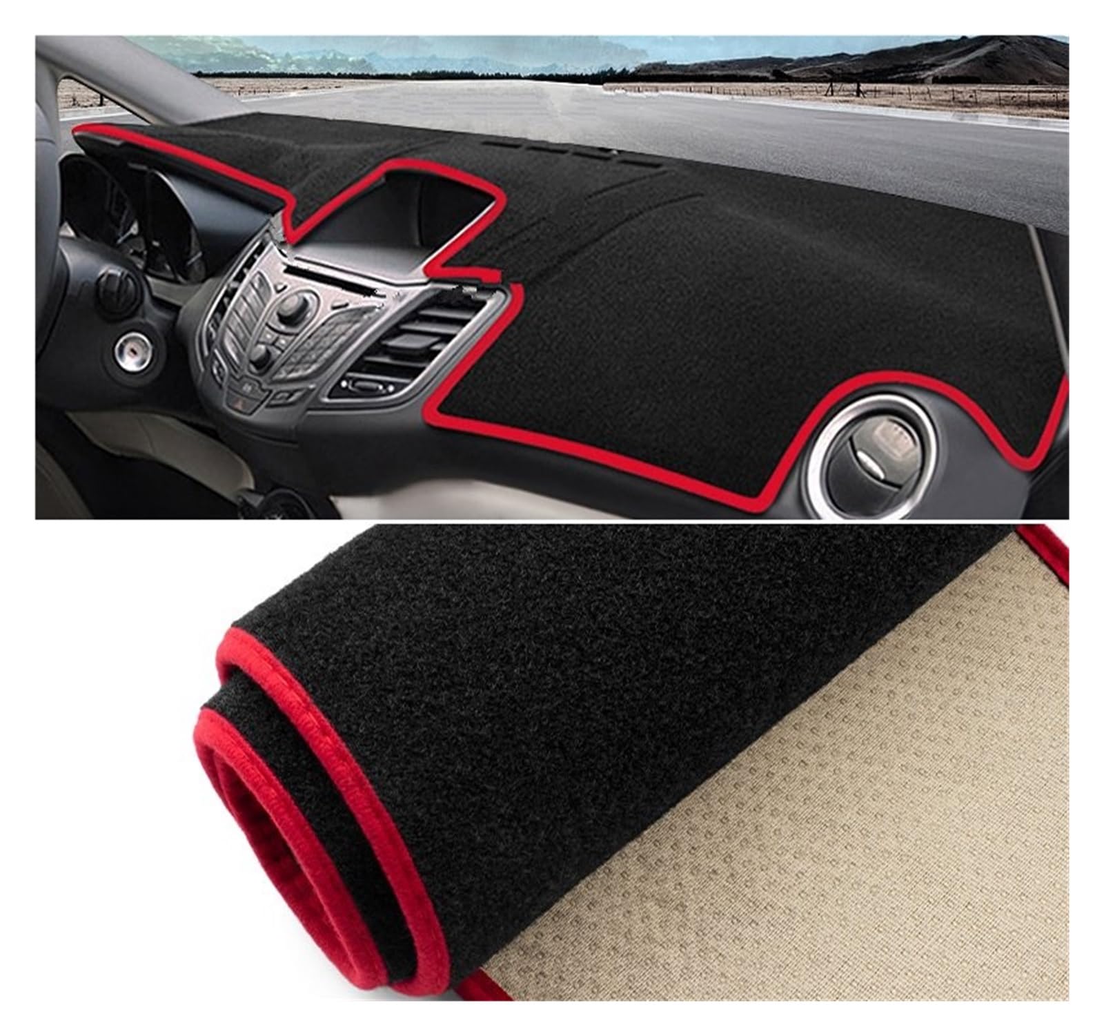 Auto Interieur Zubehör Für Ford Für Fiesta MK7 2008 2009 2010 2011 2012 2013 2014 2015 2016 Auto Armaturenbrett Abdeckung rutschfeste Matte Interieurleisten Zubehör(A No GPS Red Side) von Gtdtixc