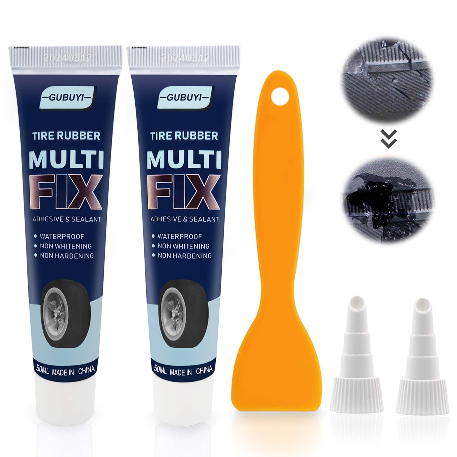 Gubuyi Tyre Repair Adhesive,Reifenreparaturkleber,Reifen Reparaturset Auto,Auto/Motorrad/Reifendichtmittel,Reparieren sie Schnell Reifenrisse Löcher,Mit Spitze und Schaber(2 Stück) von Gubuyi