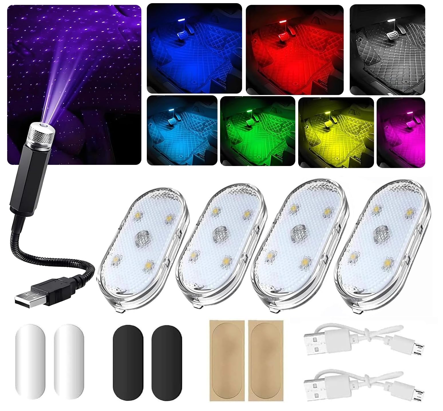 Guidre 4 Stück Auto Led Innenbeleuchtung+LED Auto Decke Starlight, Magnetisch LED USB Touch Licht,Wiederaufladbaren RGB 7 Farben Einstellbar Innenraum Ambientebeleuchtung von Guidre
