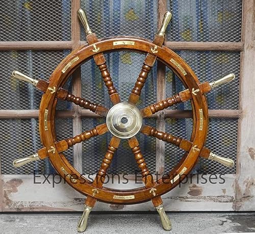 Holz-Schiffrad, Messing-Anker-Kapitänsrad, Wand, 91,4 cm, Holzlenkrad, Piratenrad (91,4 cm), nautisches Rad, Holzrad, Schiffsrad, Vintage, nautische Möbel, Braun von Gulvintilabcal
