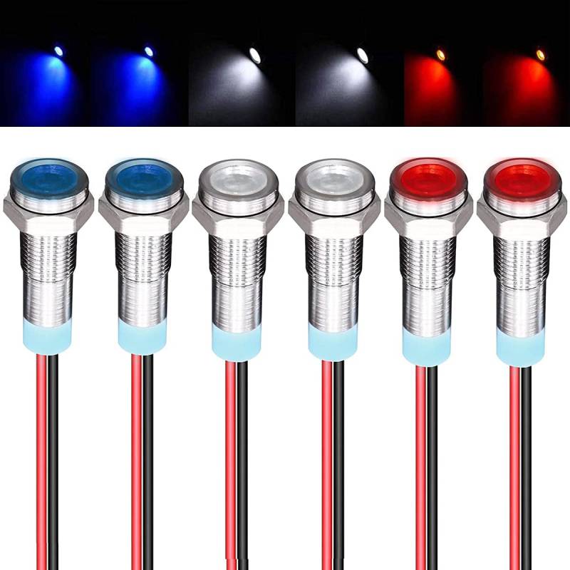 GUUZI 6pcs 12V-24V 6mm LED Panel Pilot Dash Warnlicht Kontrollleuchte Lampe Pilot Dash Glühbirnen Richtungs (Rot/Blau/Weiß) von Guuzi