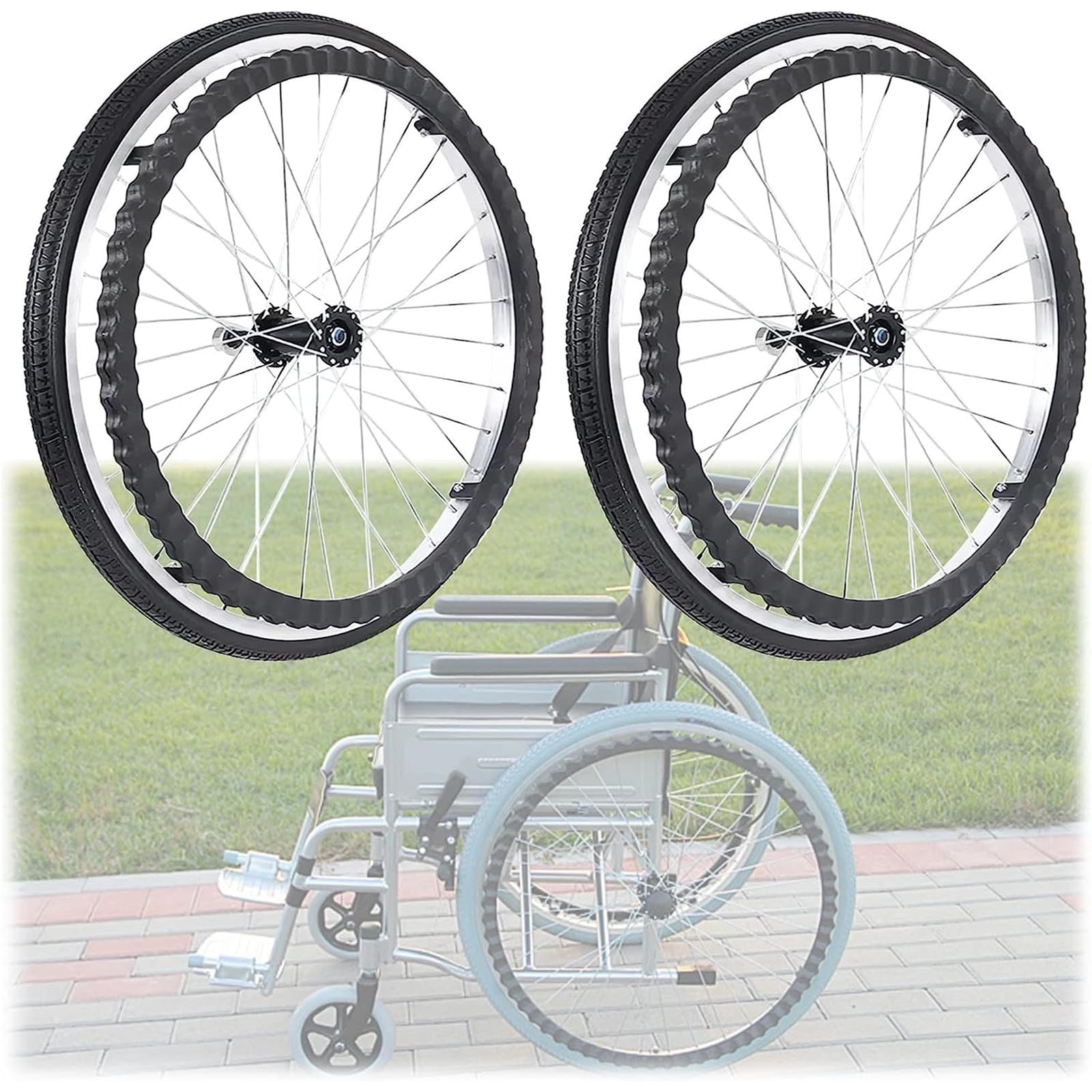 Set mit 2 Hinterrädern für Rollstuhlfahrer, Nabe aus Aluminiumlegierung Ersatzräder für Rollstühle, Rollstuhl-Ersatzrad, Rutschfest und pannensicher Pu-Vollreifen,Schwarz,60cm(24inch) von Gvqng