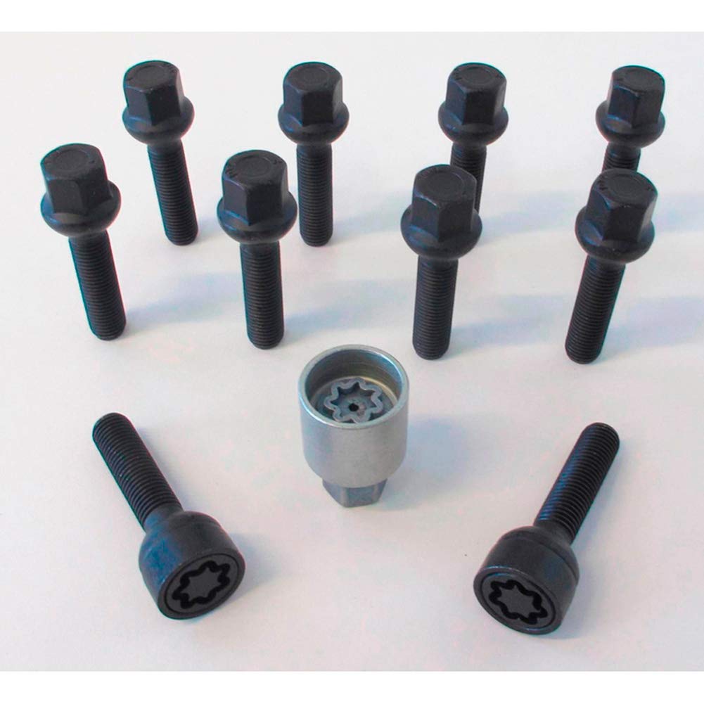 H&R Radschrauben Satz Kugelbund R13 M14x1.50 - Länge 38mm - Schwarz - 10 Stück (kompatibel mit z.B. VAG) - inkl. Felgenschloss von H&R