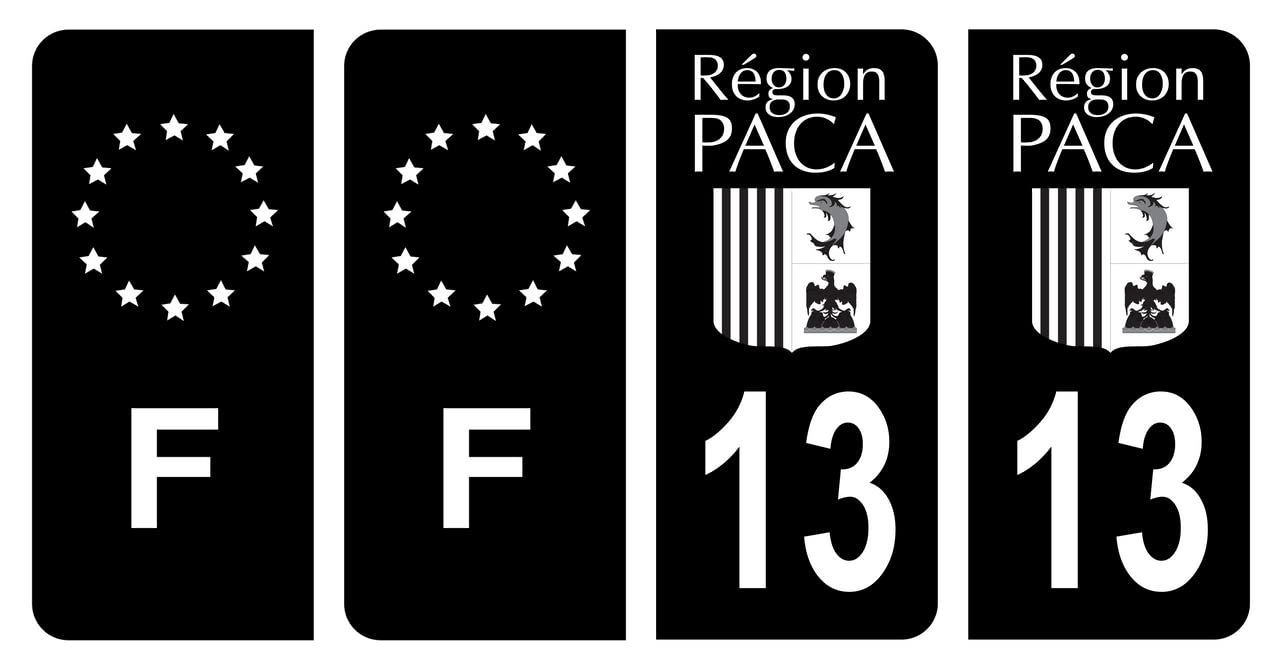 HADEXIA Nummernschild-Aufkleber, französisches Departement 13 Bouches-du-Rhône, alte Region PACA, Schwarz und F, Frankreich, Europa, 4 Stück von HADEXIA