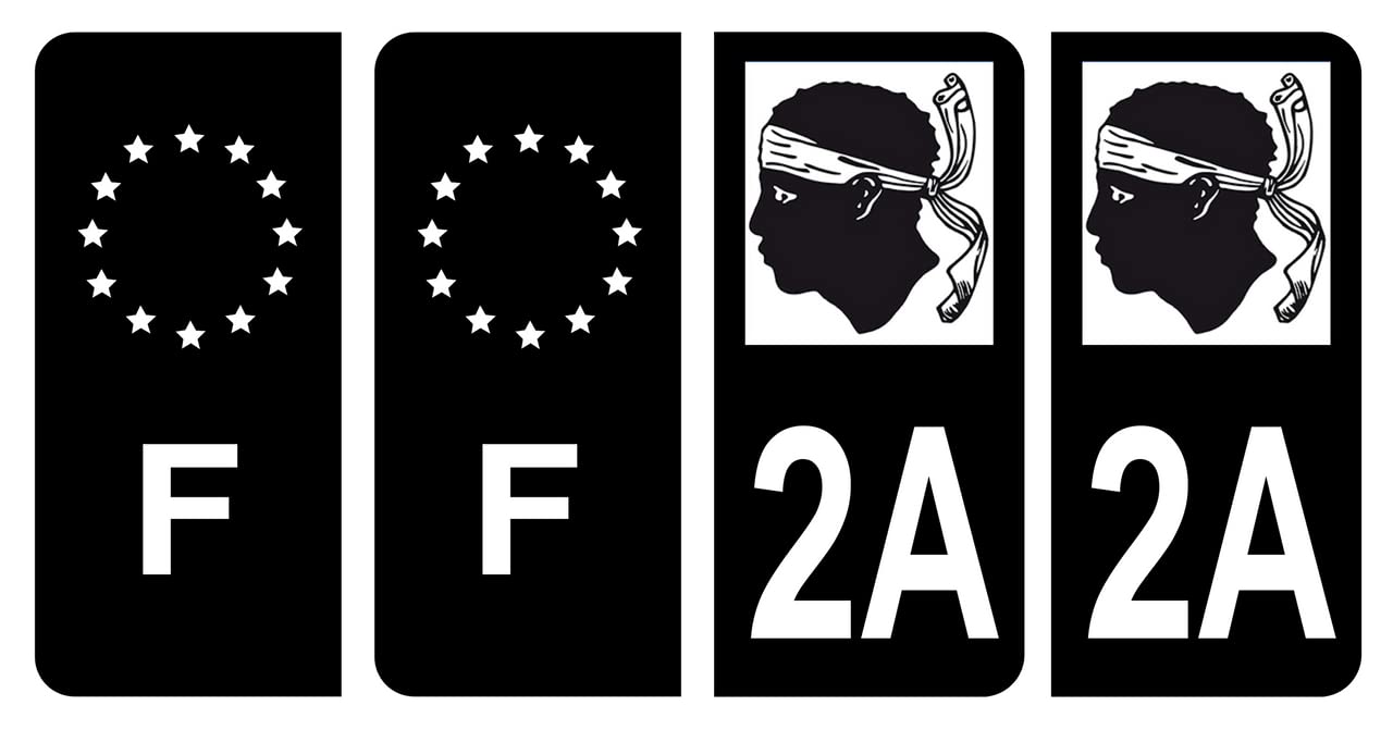 HADEXIA Nummernschild-Aufkleber, französisches Departement 2A, Corse-du-sud Korsika, Schwarz und F, Frankreich, 4 Stück von HADEXIA