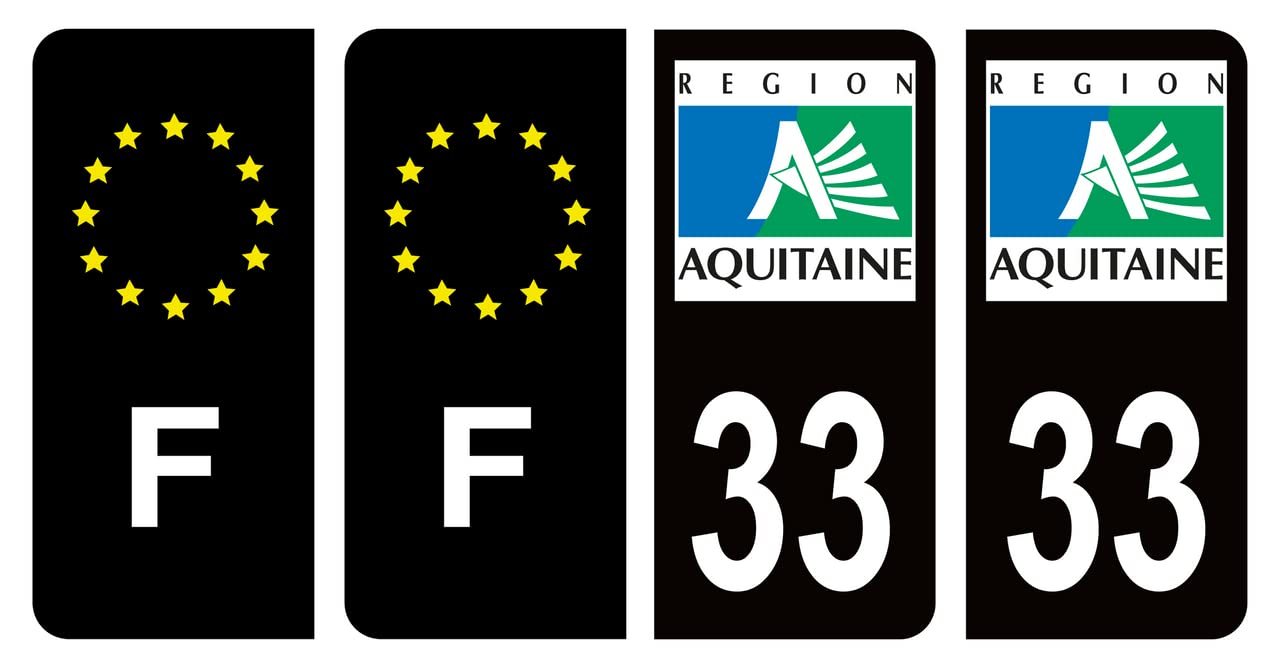 HADEXIA Nummernschild-Aufkleber, französisches Departement 33, Antike Region Aquitaine Schwarz, Farbe & F Frankreich, 4 Stück von HADEXIA