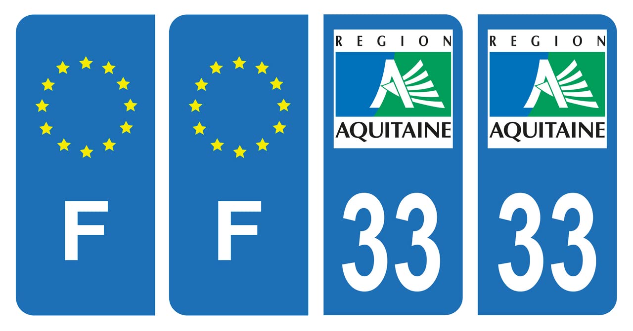 HADEXIA Nummernschild-Aufkleber, französisches Departement 33, Antike Region Aquitaine & F, Frankreich, 4 Stück von HADEXIA
