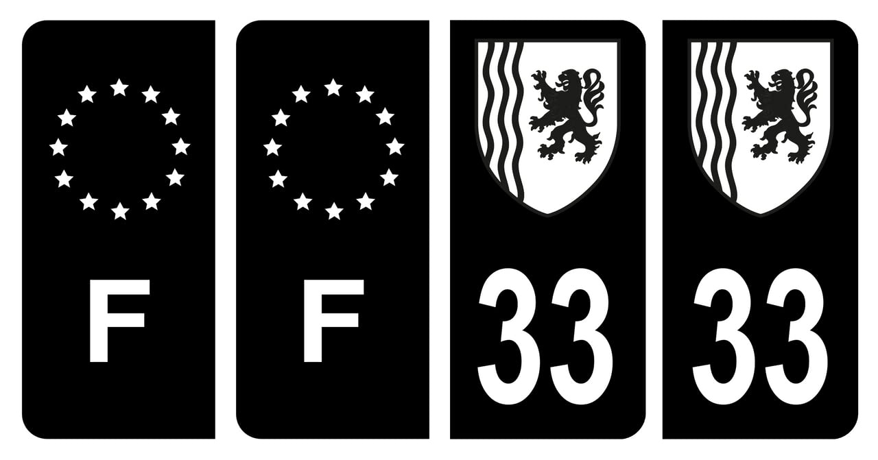 HADEXIA Nummernschild-Aufkleber, französisches Departement 33, Gironde Ain Region NeuAquitaine Schwarz & F Frankreich, 4 Stück von HADEXIA