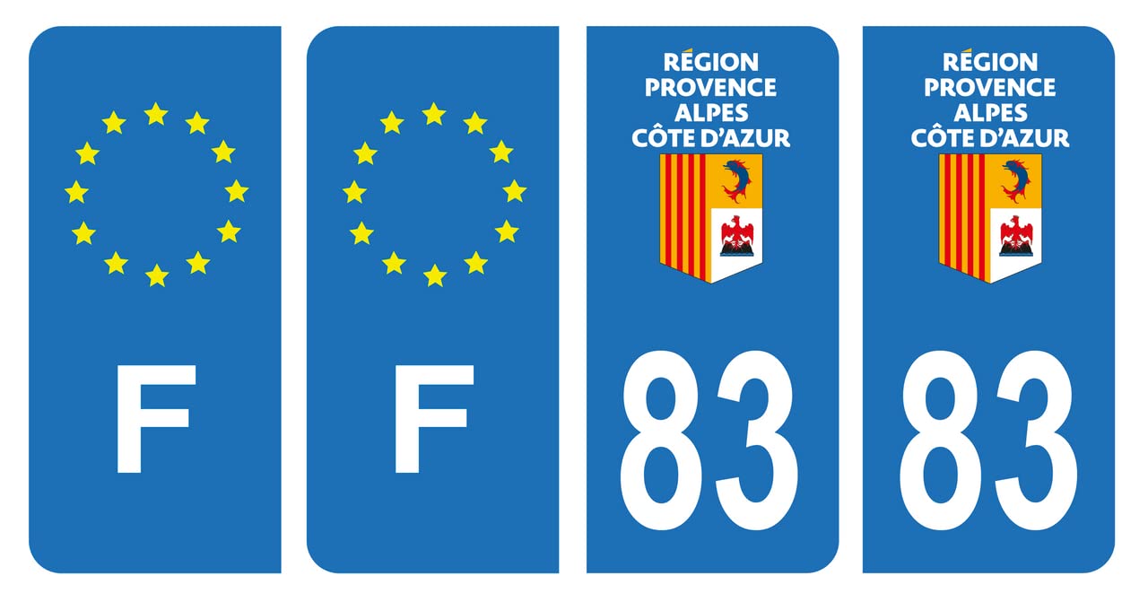 HADEXIA Nummernschild-Aufkleber, französisches Departement 83, Var Region Provence-Alpes-Côte Azur & F Frankreich, 4 Stück von HADEXIA