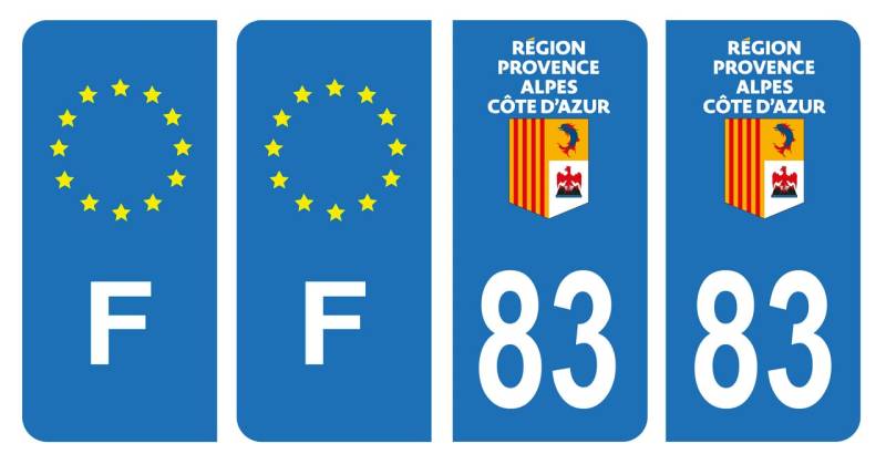 HADEXIA Nummernschild-Aufkleber, französisches Departement 83, Var Region Provence-Alpes-Côte Azur & F Frankreich, 4 Stück von HADEXIA