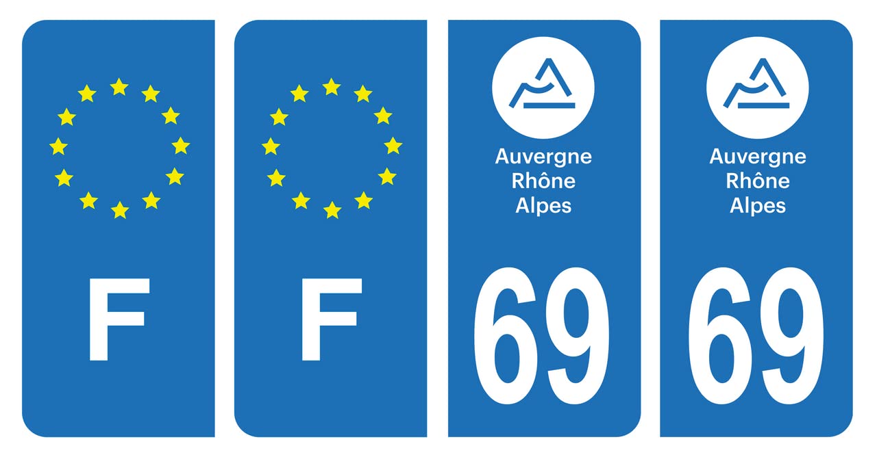 HADEXIA Set mit 4 Nummernschild-Aufklebern Departement 69 Rhône Region Auvergne-Rhône-Alpes & F France Europe von HADEXIA