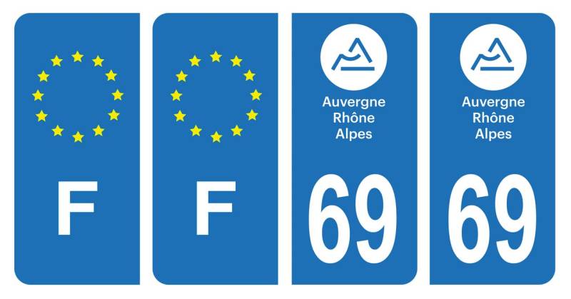 HADEXIA Set mit 4 Nummernschild-Aufklebern Departement 69 Rhône Region Auvergne-Rhône-Alpes & F France Europe von HADEXIA