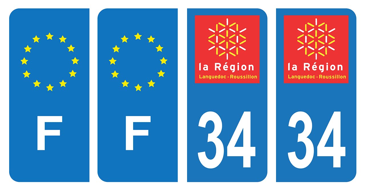 Hadexia Nummernschild-Aufkleber, für Auto, Departement 34, Hérault, Logo, alte Region Languedoc-Roussillon & F, Frankreich, Europa von HADEXIA