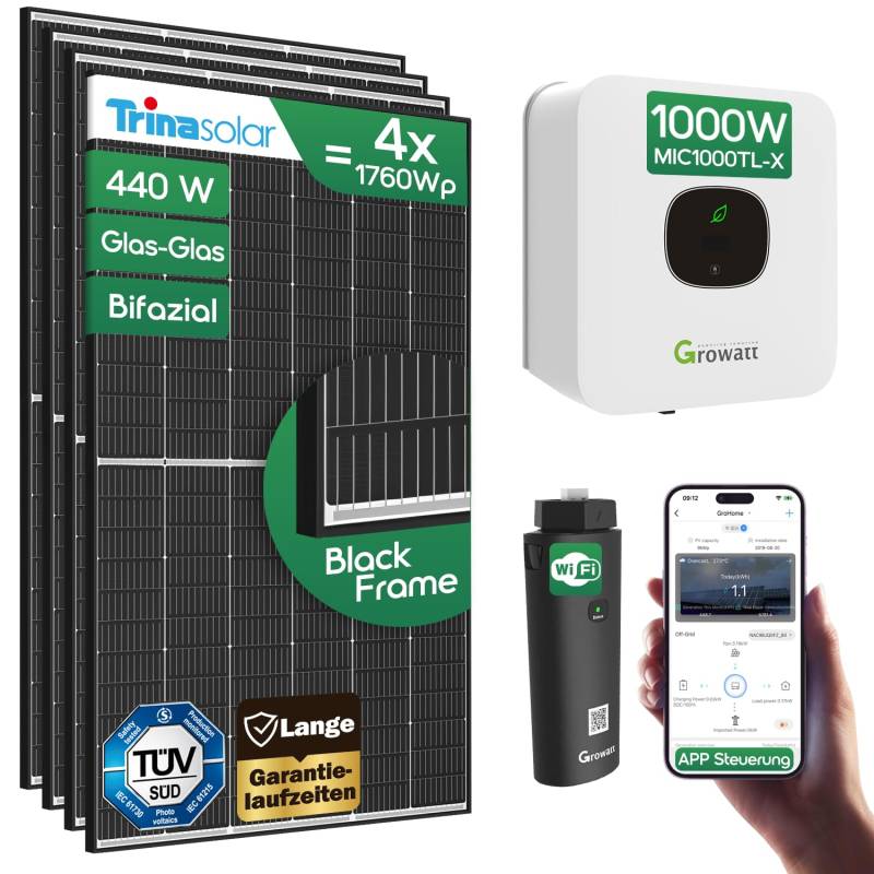 1760 wp Balkonkraftwerk 1000 Watt mit WIFI: Growatt MIC 1000 und Trina Solar Panels von HANTECH