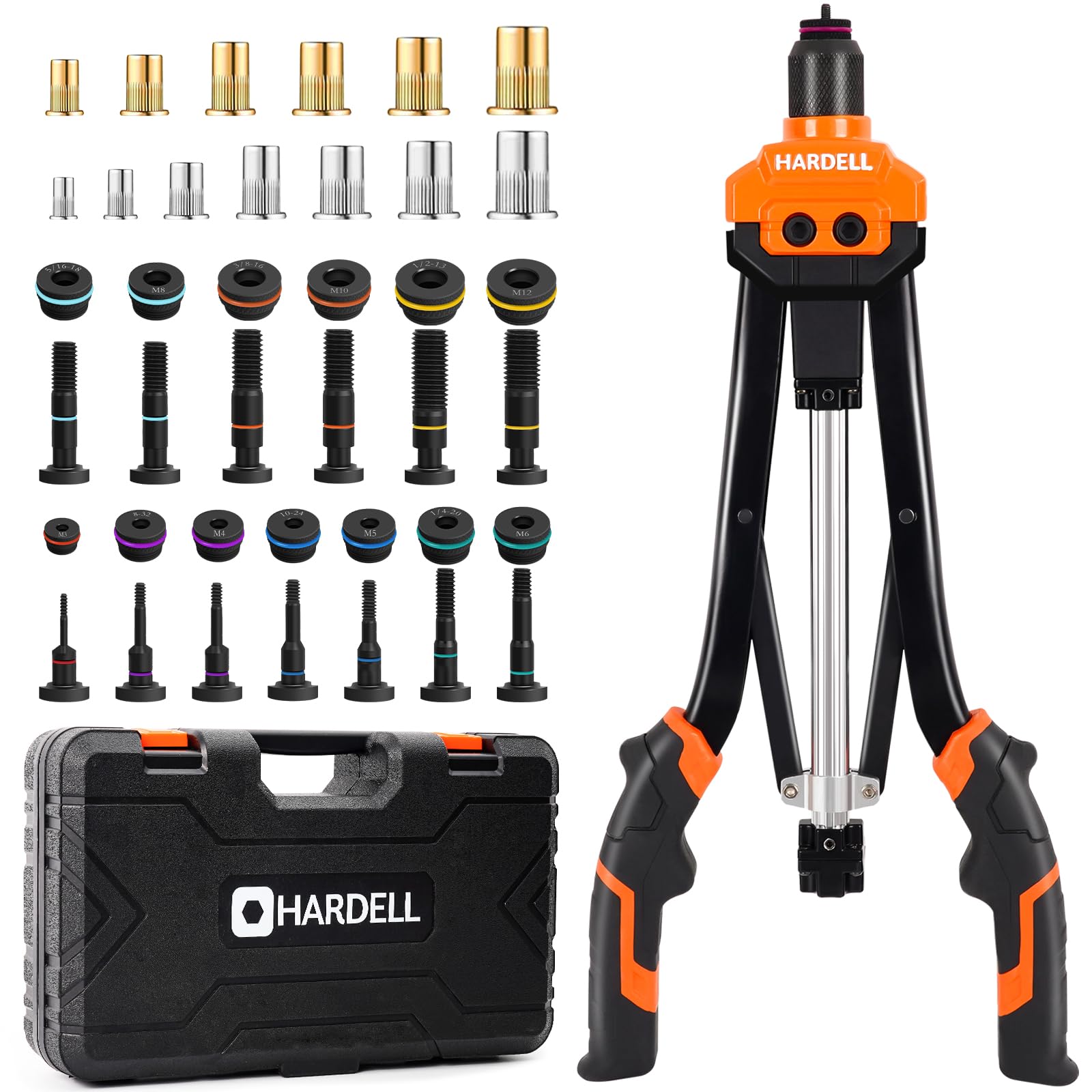 HARDELL Nietmutternzange, 40.6cm Nietmutternzange Set, 16" Nietzange Set mit 13 Metrische und SAE Austauschbare Nietdorne, 186-teiliges Nietmuttern und Robuster Tragekoffer von HARDELL