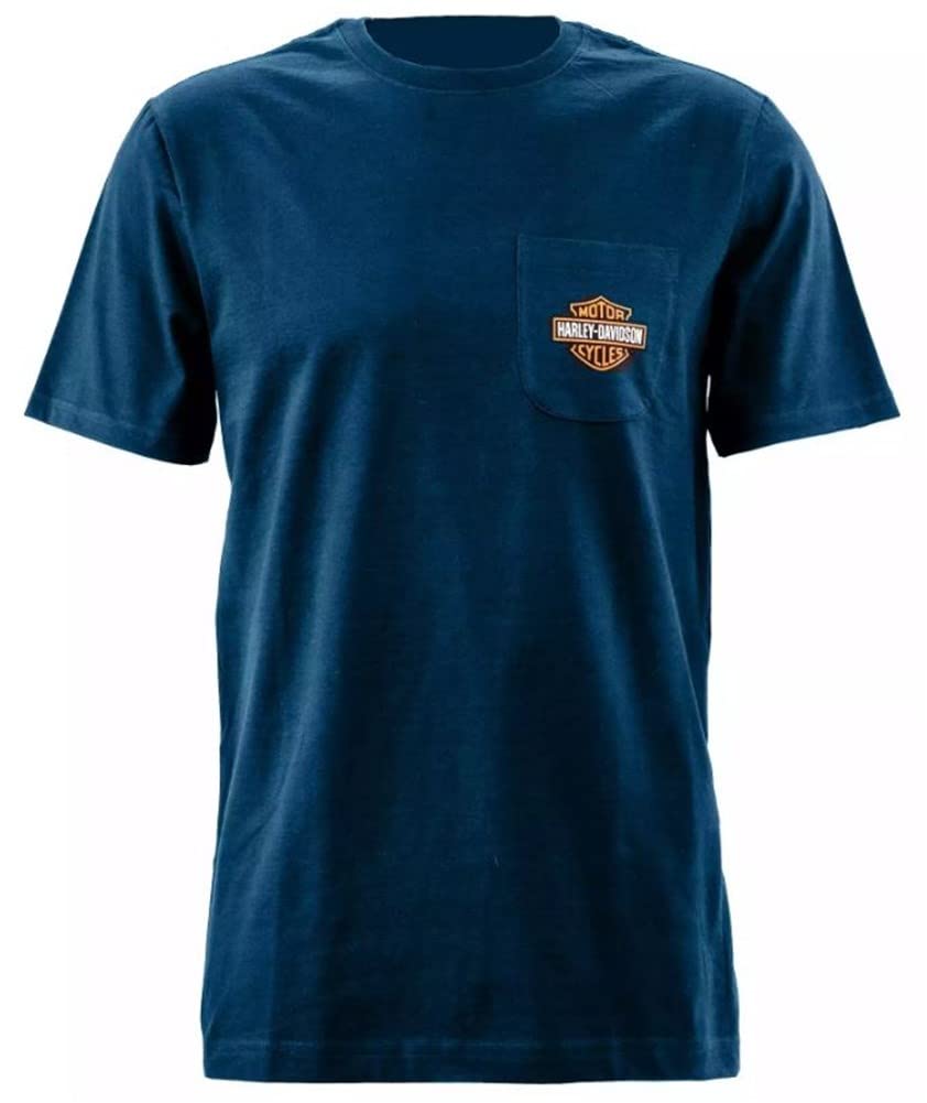 HARLEY-DAVIDSON Herren T-Shirt Baumwolle Bar & Shield Pocket Tee Shirt Kurzarm Männer Oberteil mit Rippstrick Rundhals, Blau, 3XL von HARLEY-DAVIDSON