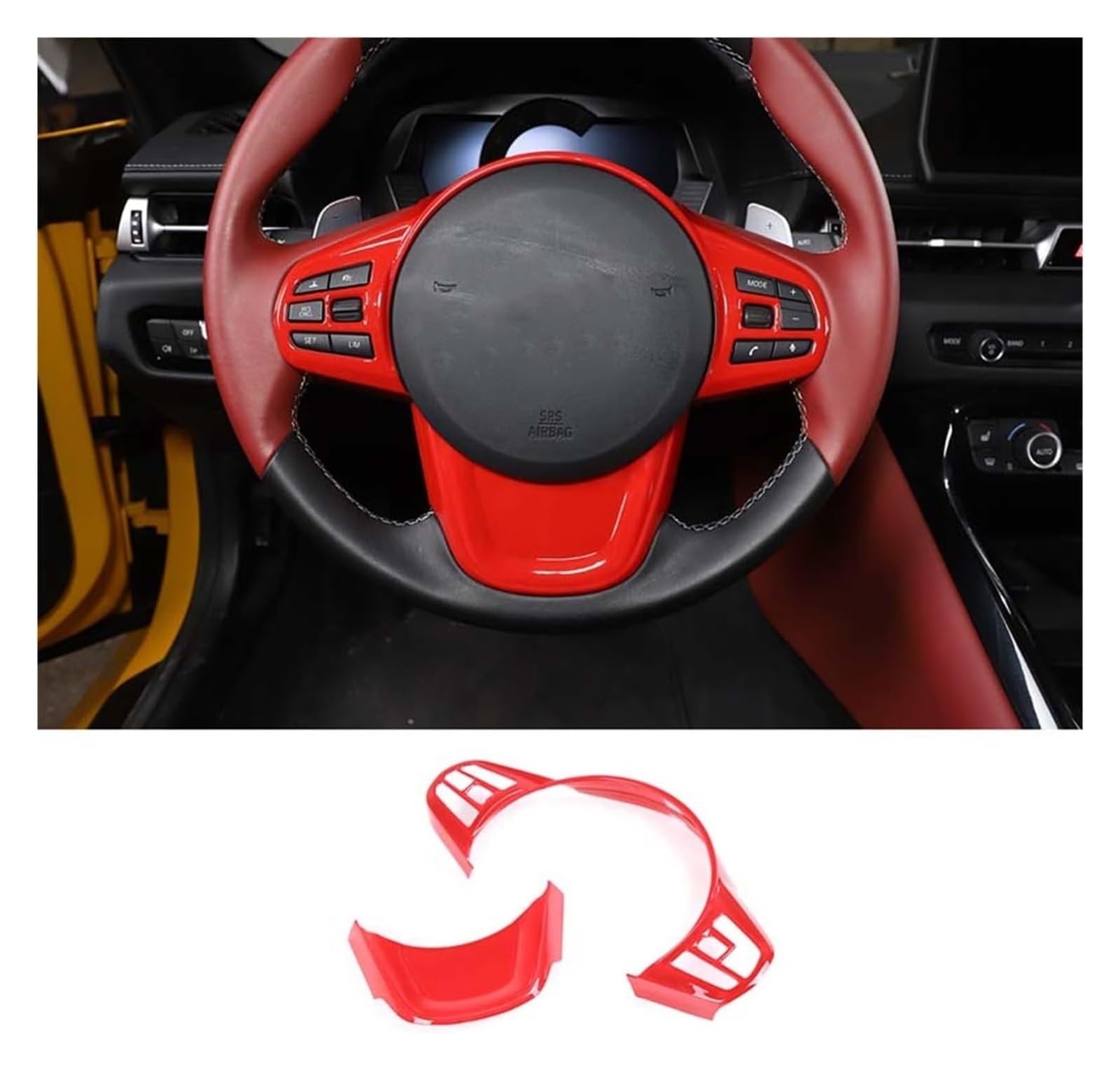 Interieur Dekor Für T&oyota GR Für Supra MK5 A90 A91 2019-2022 ABS Auto Stil Zubehör Lenkrad Trim Abdeckung Rahmen Aufkleber Auto(Sports Red) von HCKCLMBMZW