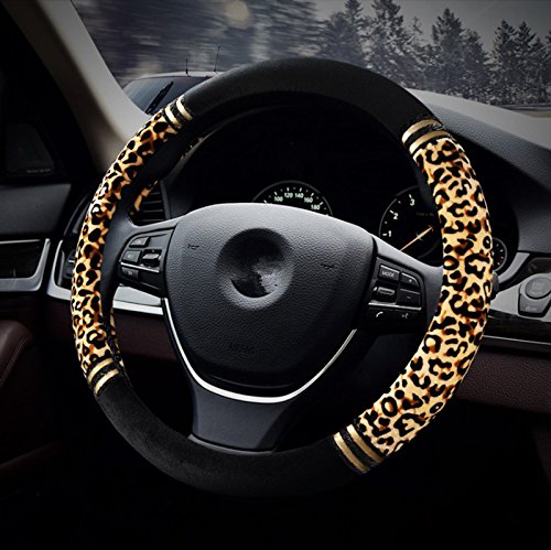HONCENMAX Prämie Plüsch Weich Fahrzeug Lenkradabdeckung Bequem Winter Auto Lenkradschutz Universal Durchmesser 38cm (15 ") Leopard-Druck von HCMAX