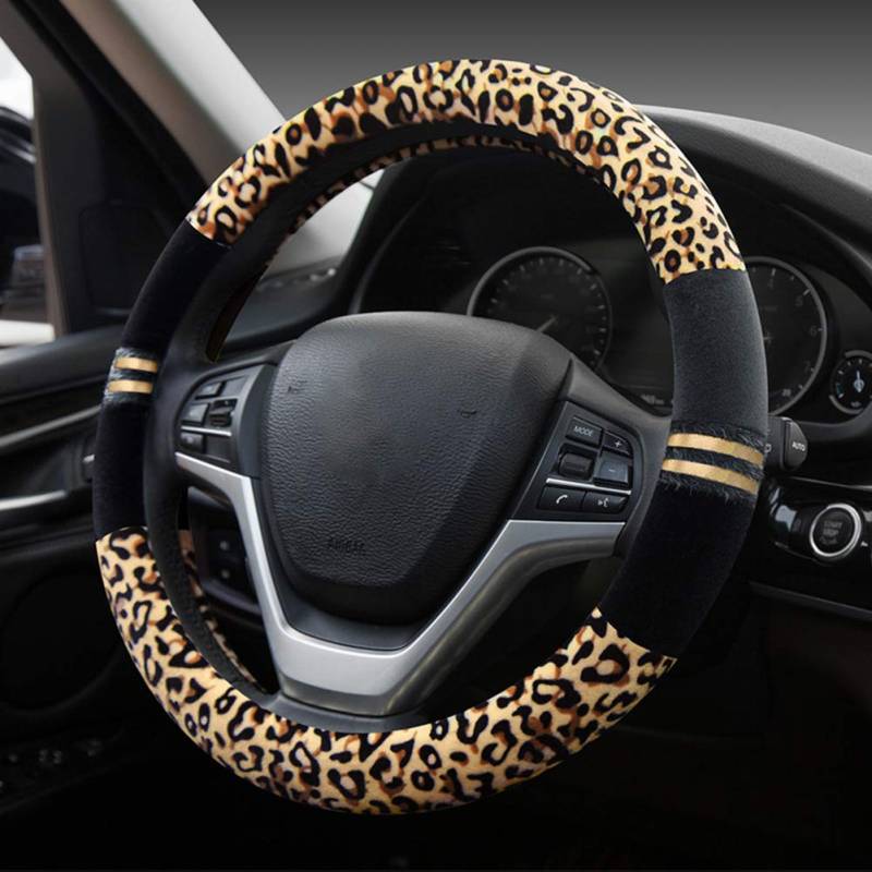 HONCENMAX Prämie Plüsch Weich Fahrzeug Lenkradabdeckung Bequem Winter Auto Lenkradschutz Universal Durchmesser 38cm (15 ") Leopard-Druck von HCMAX