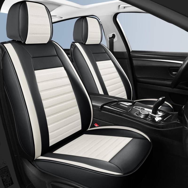 HChengkikz Autositzbezüge, komplettes Set, atmungsaktive Leder-Sitzbezüge für Autos, 5-teilig, universelle Autositzbezüge, Schonbezüge für die meisten Limousinen, SUVs, Pick-Up-LKW (Schwarz und Creme) von HChengkikz