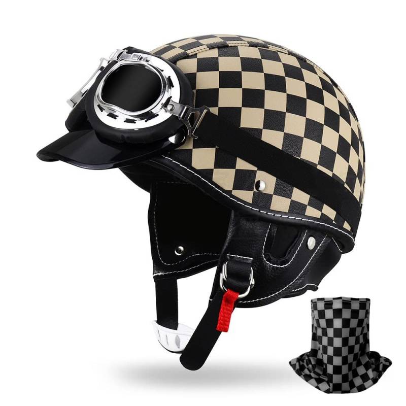 HDSDVNON Deutscher Retro-Motorrad-Halbhelm - DOT-zertifizierter Leder-Jethelm + Windschutzscheiben-Set(#3,L59~60CM) von HDSDVNON