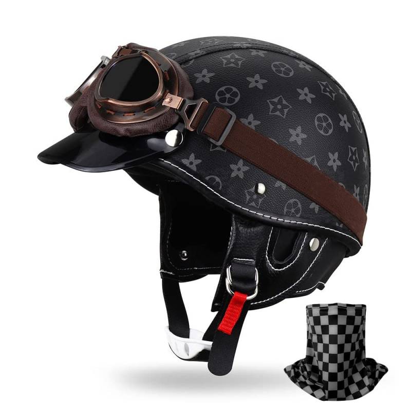 HDSDVNON Deutscher Retro-Motorrad-Halbhelm - DOT-zertifizierter Leder-Jethelm + Windschutzscheiben-Set(#6,XS53~54CM) von HDSDVNON