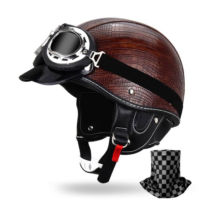 HDSDVNON Deutscher Retro-Motorrad-Halbhelm - DOT-zertifizierter Leder-Jethelm + Windschutzscheiben-Set(#7,L59~60CM) von HDSDVNON