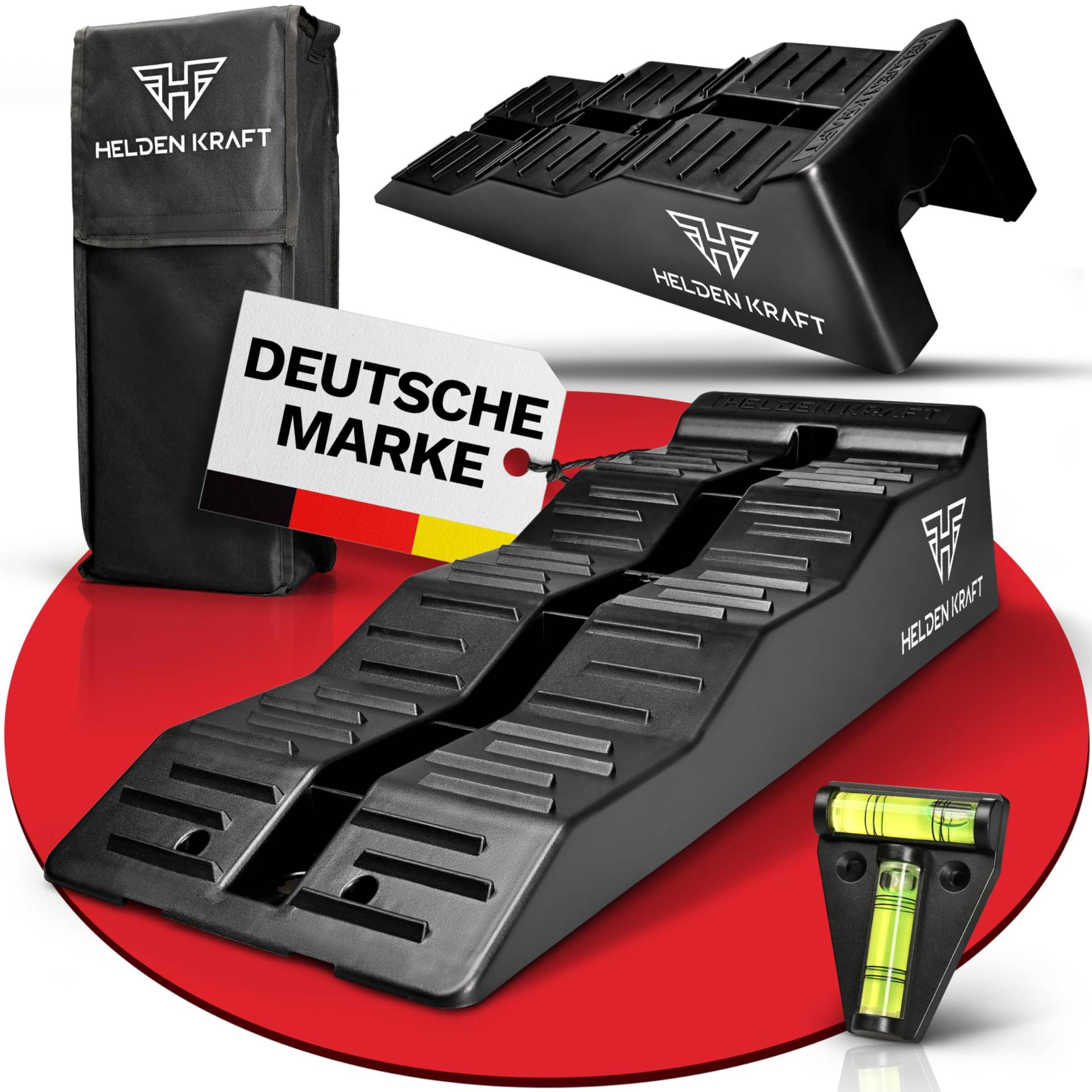 HELDENKRAFT® Auffahrkeile für Wohnmobil [2x Keile inkl. Zubehör] - 3-stufige Ausgleichskeile [bis 10cm] mit Anti-Rutsch-Rillen für Camper, Wohnwagen oder Caravan [bis 13,5 t] - mit Wasserwaage von HELDENKRAFT