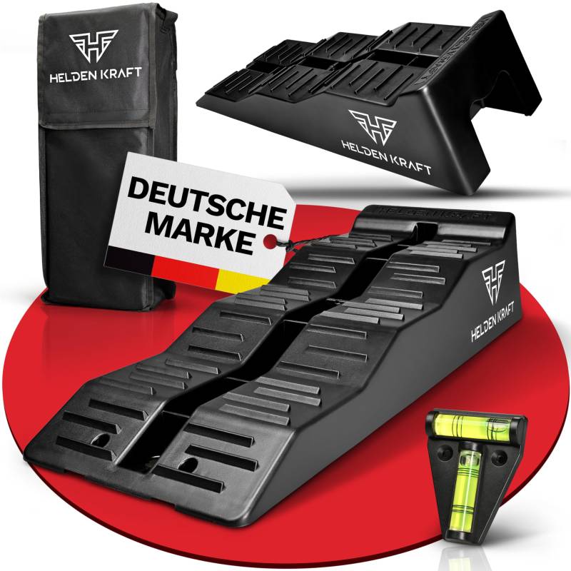 HELDENKRAFT® Auffahrkeile für Wohnmobil [2x Keile inkl. Zubehör] - 3-stufige Ausgleichskeile [bis 10cm] mit Anti-Rutsch-Rillen für Camper, Wohnwagen oder Caravan [bis 13,5 t] - mit Wasserwaage von HELDENKRAFT