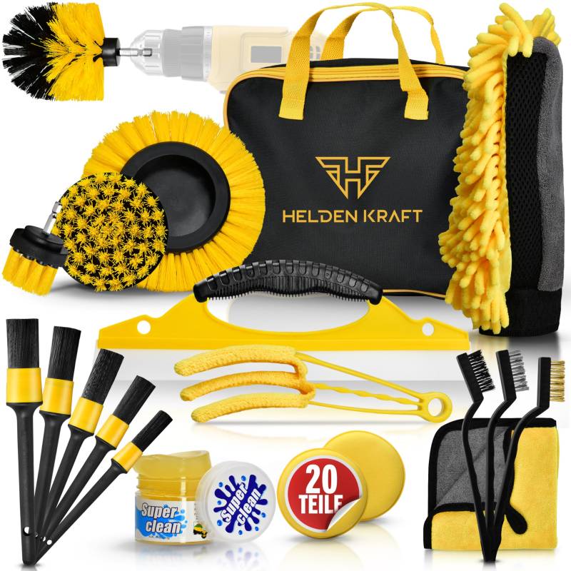 HELDENKRAFT® Auto Reinigungsset [Komplett-Set mit 20 Teilen] - Autowaschset für Reinigung, Pflege & Detailing von Außenfläche & Innenraum - Inkl. Reinigungsgel, Akkuschrauber-Bürsten & Tasche von HELDENKRAFT