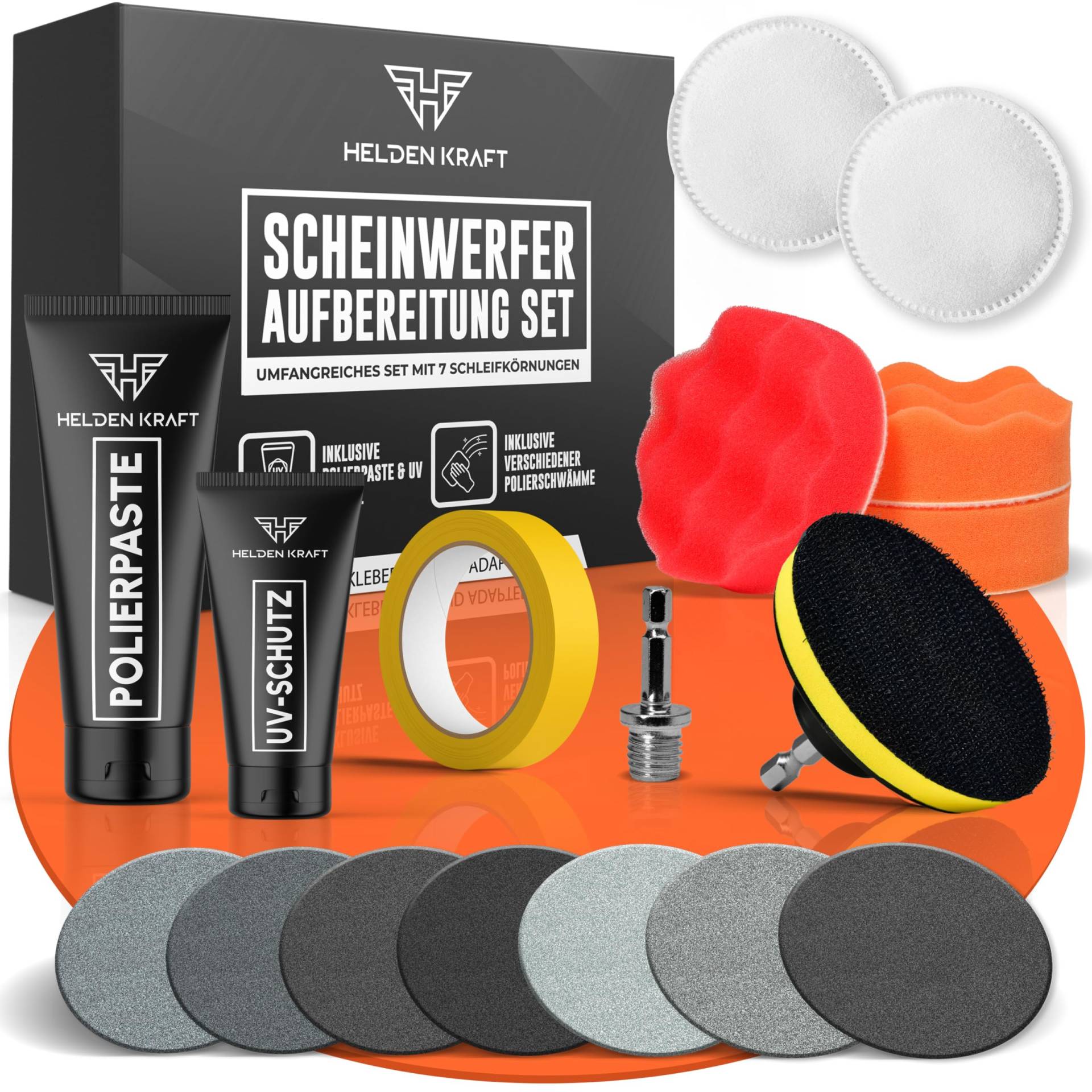 HELDENKRAFT® Scheinwerfer Aufbereitung Set [24 Teile] - Reparatur- & Polierset für alle gängigen Autoscheinwerfer mit UV-Schutz, Politur & Schleifscheiben in 7 Körnungen [Komplettset mit Adapter] von HELDENKRAFT