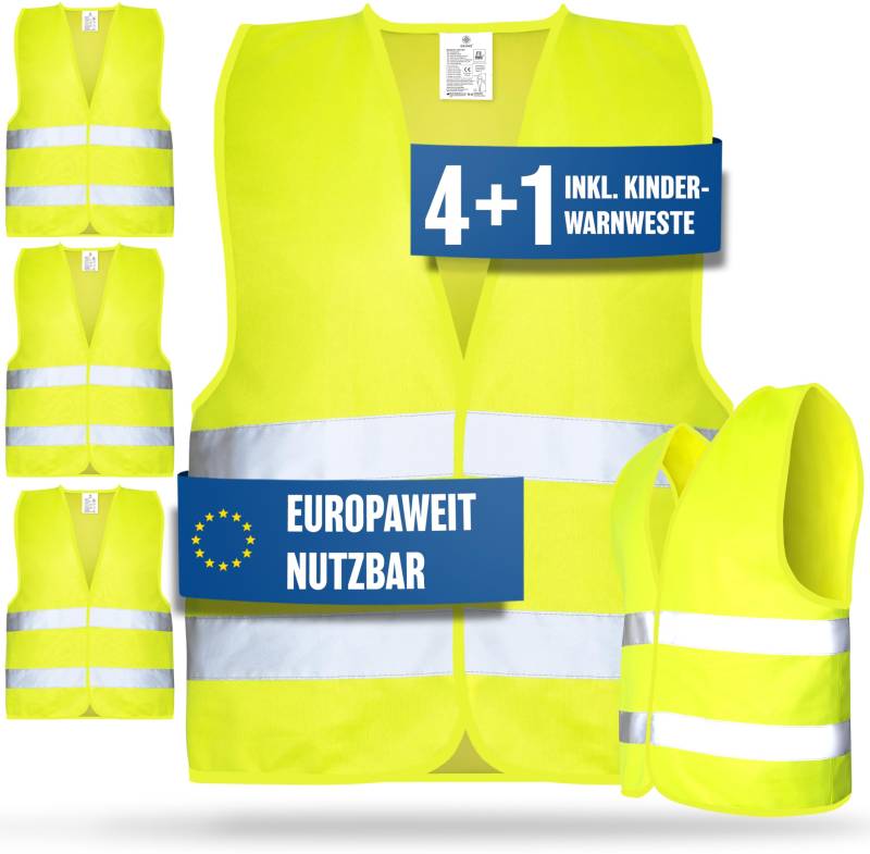 HELDENWERK Warnwesten Auto 5er 4+1 Set Europaweit gültig nach EN ISO 20471 - Reflektierende Warnweste Auto inkl. Kinderweste - Sicherheitsweste Auto Warnweste Gelb - Warnschutzweste Sicherheitswesten von HELDENWERK