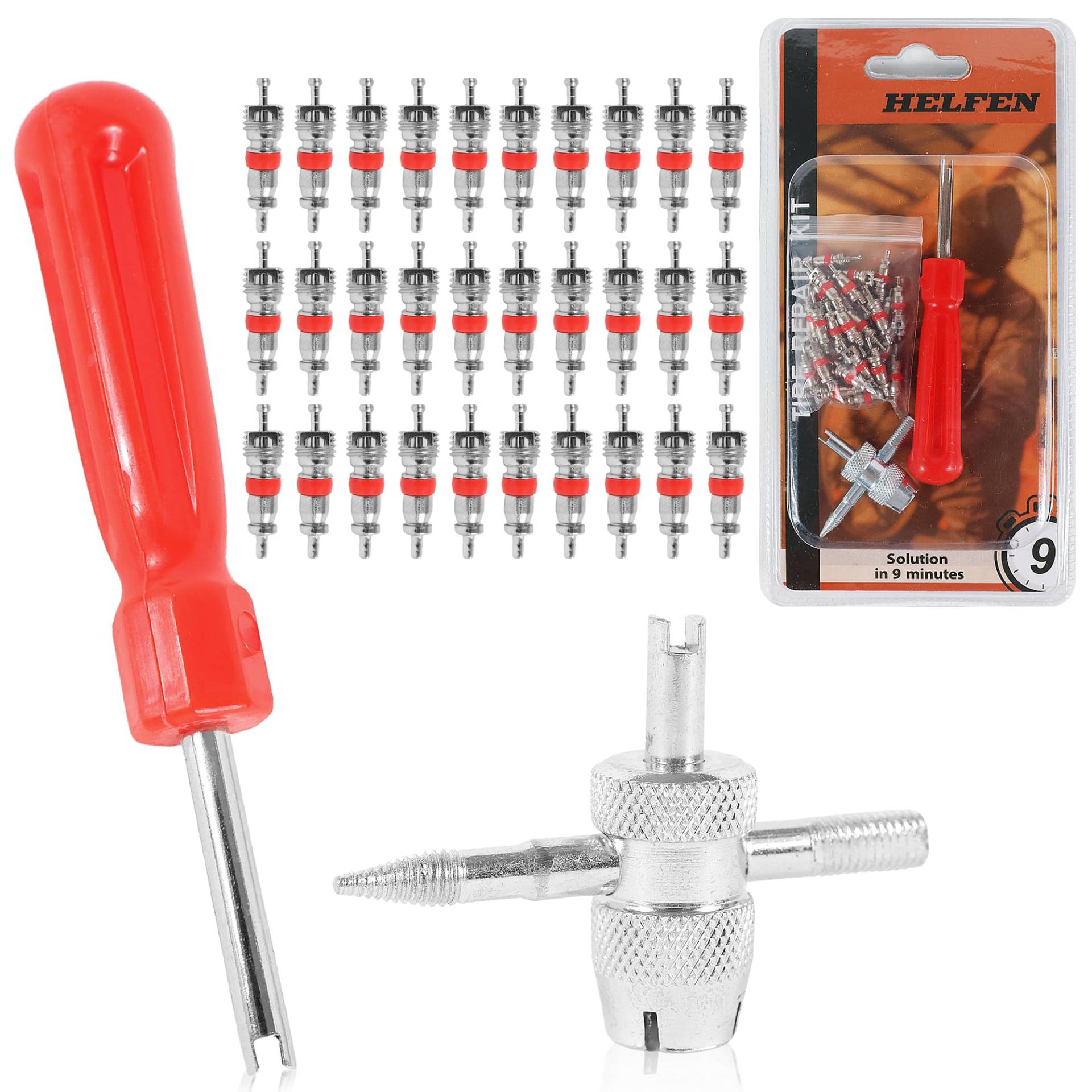 Reifenreparaturset | Enthält 1 Ventilschlüssel, 30 Pcs Reifenventil und 1 Mehrzweck-Schlüssel für Reifenventil | Reifenreparaturset Auto, Motorrad, 4x4 | Autoreifen Reparaturset | Felgen Reparaturset Reifenreparaturset | Enthält 1 Ventilschlüssel, 30 Pcs Reifenventil und 1 Mehrzweck-Schlüssel für Reifenventil | Reifenreparaturset Auto, Motorrad, 4x4 | Autoreifen Reparaturset | Felgen Reparaturset von HELFEN
