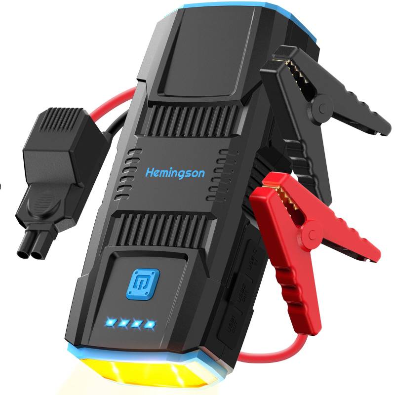 Starthilfe Powerbank 2000A Spitze, Tragbare Auto Starthilfe für 7.0L Benzin und 5.5L Dieselmotor, 12V Auto Batterie Booster mit LED Taschenlampe und Starthilfekabel, Jump Starter für PKW von HEMINGSON