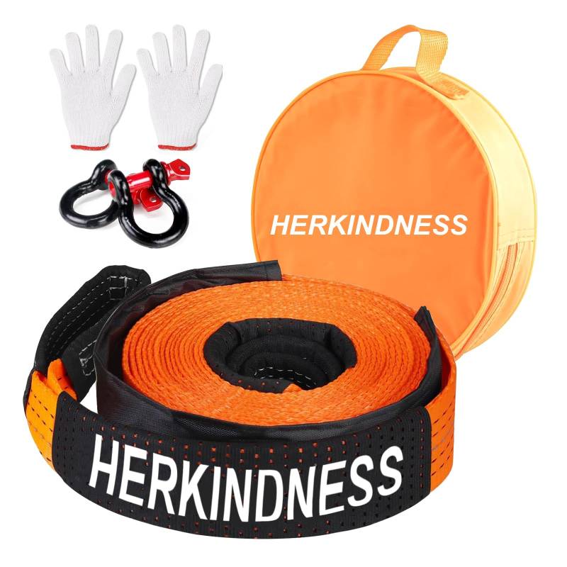 HERKINDNESS Abschleppseil, 10 Tonnen (22046 Lbs) Abschleppseil PKW, 5M X 5CM Abschleppseil Auto mit 2 Schäkel, Handschuhen und Aufbewahrungstasche, Nicht Leicht zu Brechen von HERKINDNESS