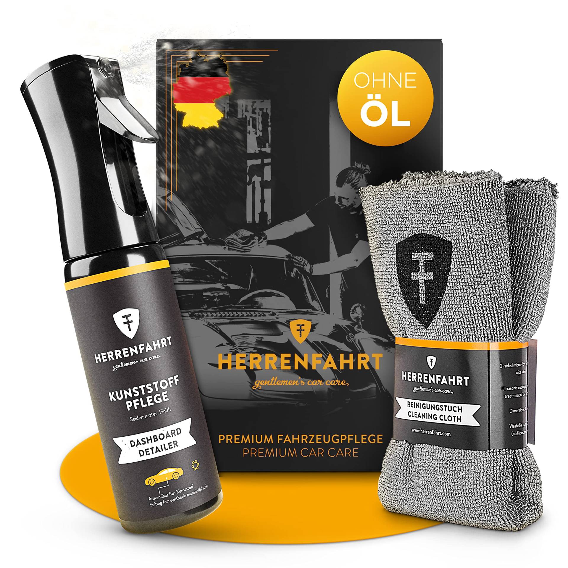 HERRENFAHRT Cockpitpflege matt - Innenraum Set inkl. Mikrofasertuch und Geschenkbox - Kunststoffpflege für Auto Innenraum von HERRENFAHRT