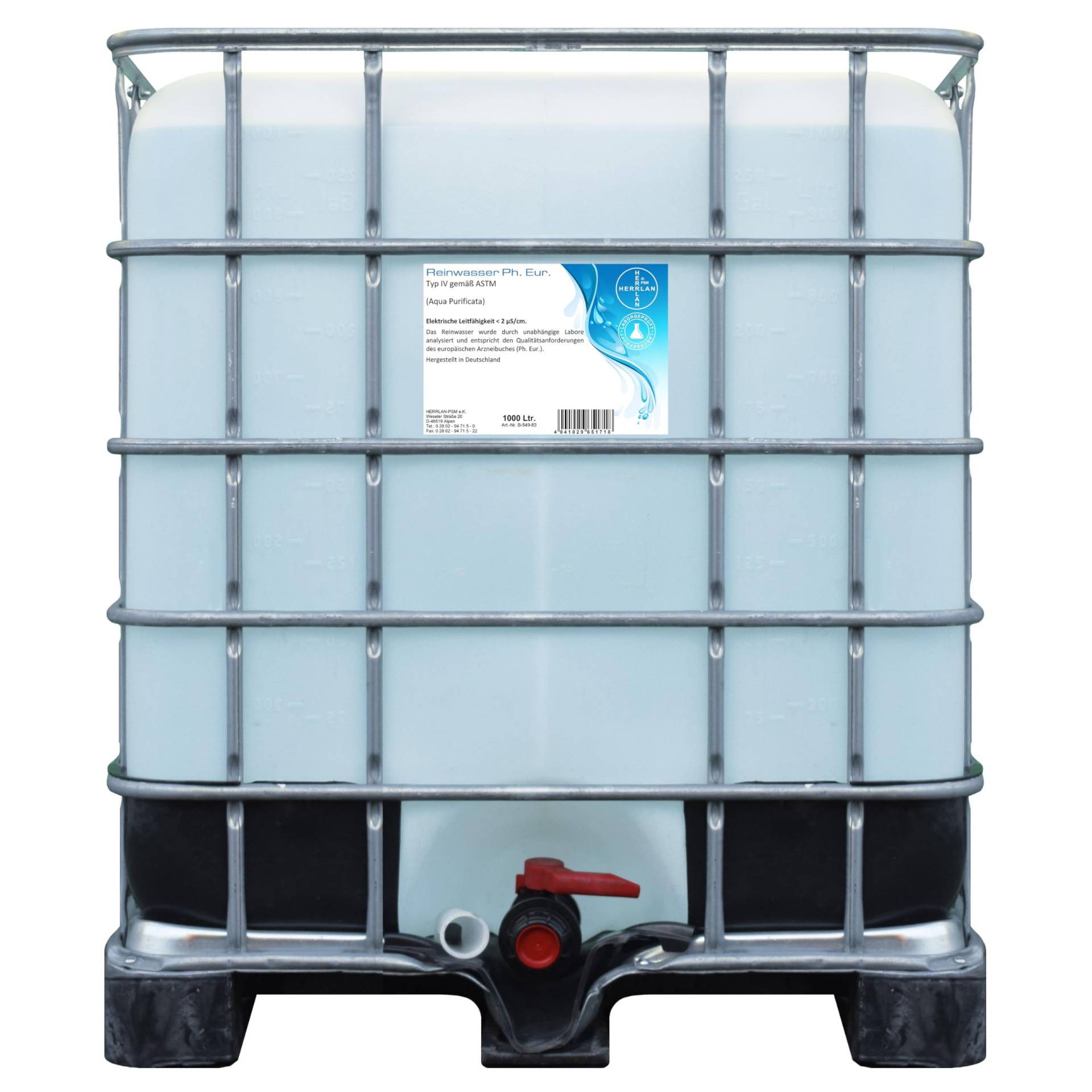 Destilliertes Wasser I Ph. Eur. - Aqua PURIFICATA - 1000 Liter IBC I Laborwasser I HERRLAN-Qualität Made in Germany Destilliertes Wasser I Ph. Eur. - Aqua PURIFICATA - 1000 Liter IBC I Laborwasser I HERRLAN-Qualität Made in Germany von HERRLAN PSM