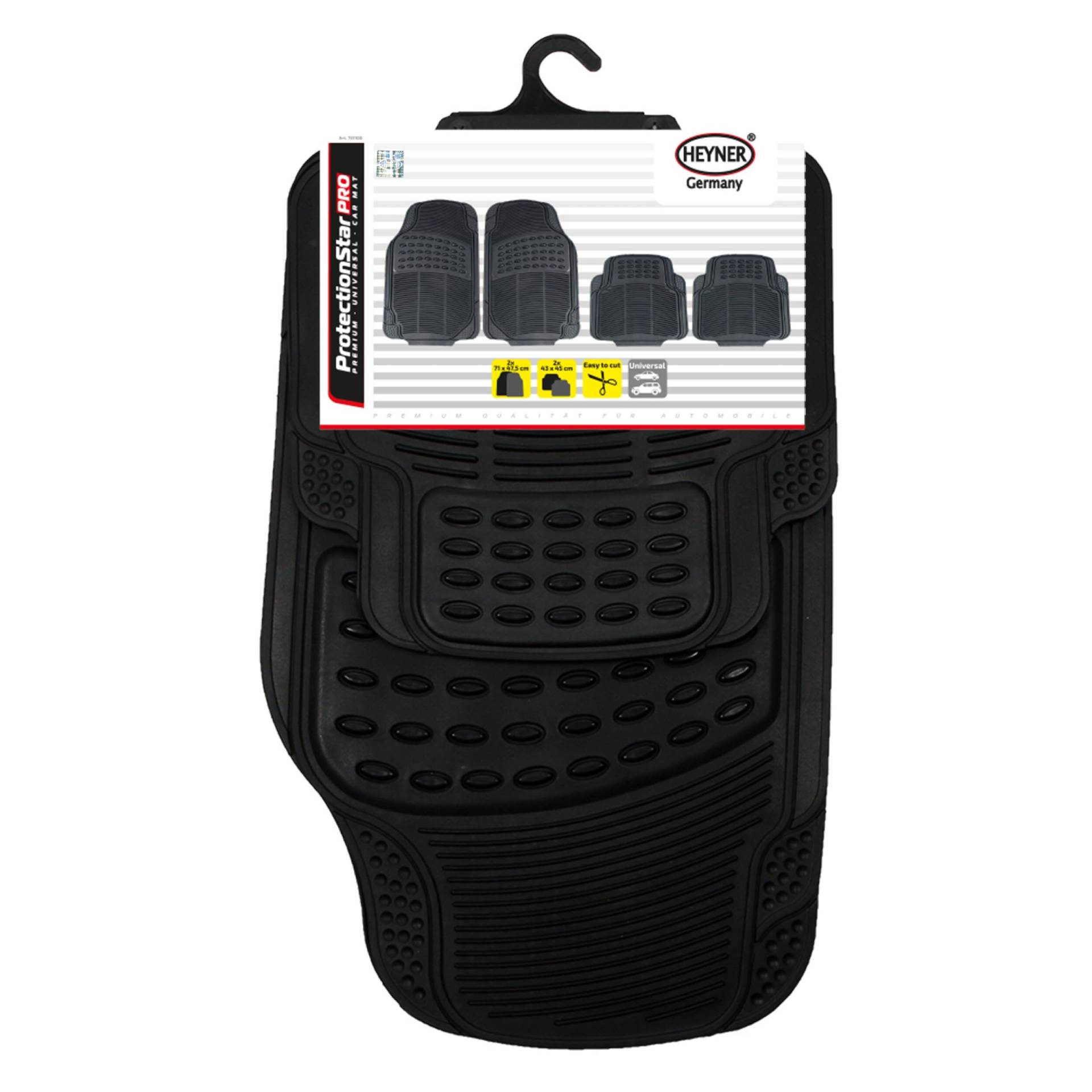 HEYNER® Auto Gummifußmatte 4er-Set schwarz Universal zuschneidbar Gummimatten Gummi-Fußmatten Gummi mit Haltenoppen Fahrer Beifahrer vorne hinten von HEYNER