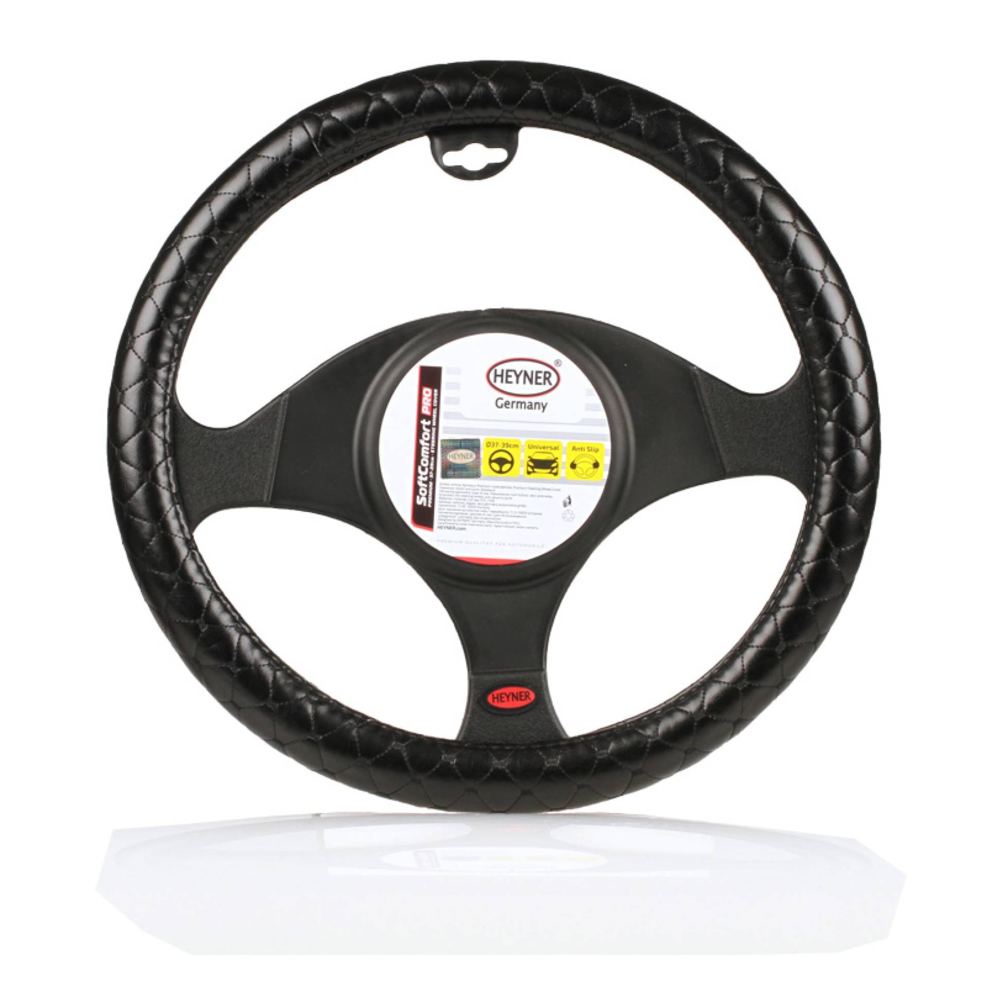HEYNER® Lenkradhülle schwarz Auto 37-39 cm edler Lenkradschoner schwarzes weiches Leder griffsicher rutschfest bequem universal von HEYNER
