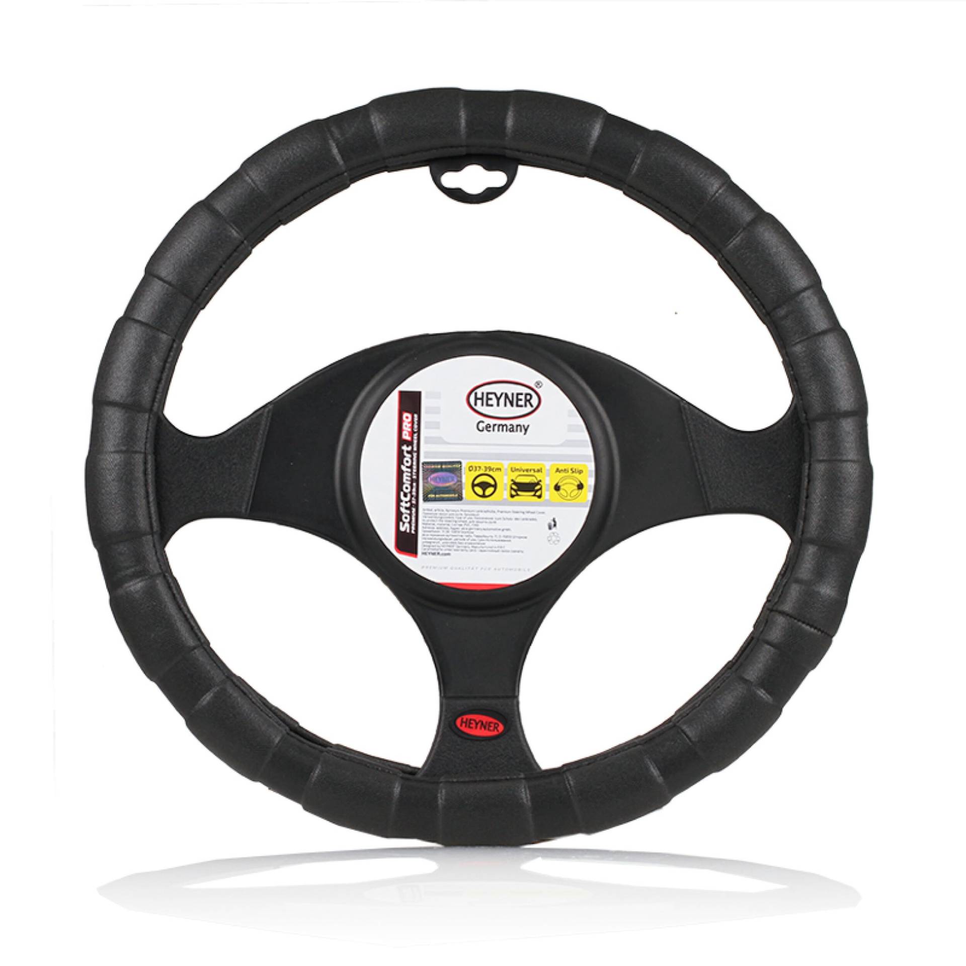 HEYNER® Lenkradhülle schwarz Auto 37-39 cm markanter Lenkradschoner schwarzes weiches Leder griffsicher rutschfest bequem universal von HEYNER