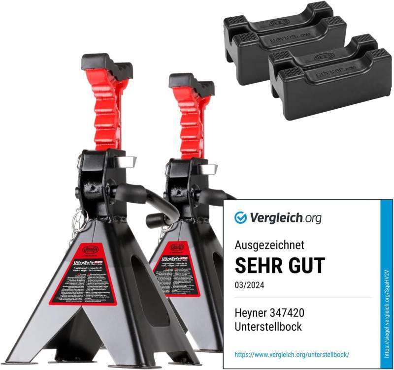 HEYNER® Unterstellbock TÜV/GS, Stützbock, Stützfuß, höhenverstellbar, Stahl 2000kg Traglast, 2er Set mit verstärkter Gummiauflage von HEYNER