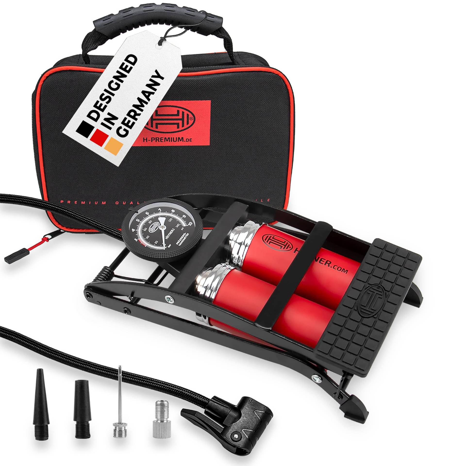 HEYNER® 22500N Fußluftpumpe Doppelzylinder 2 Zylinder mit Manometer bis 10 bar + Tasche HEYNER® 22500N Fußluftpumpe Doppelzylinder 2 Zylinder mit Manometer bis 10 bar + Tasche von HEYNER